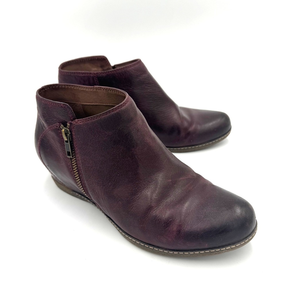 Dansko Burgundy Leather Ankle Boots Side Zip Low Wedge Booties Size 39